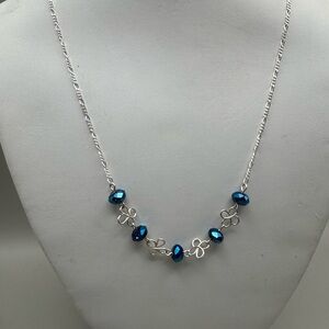 Silver Floral Link Necklace with Blue Faceted Beads
